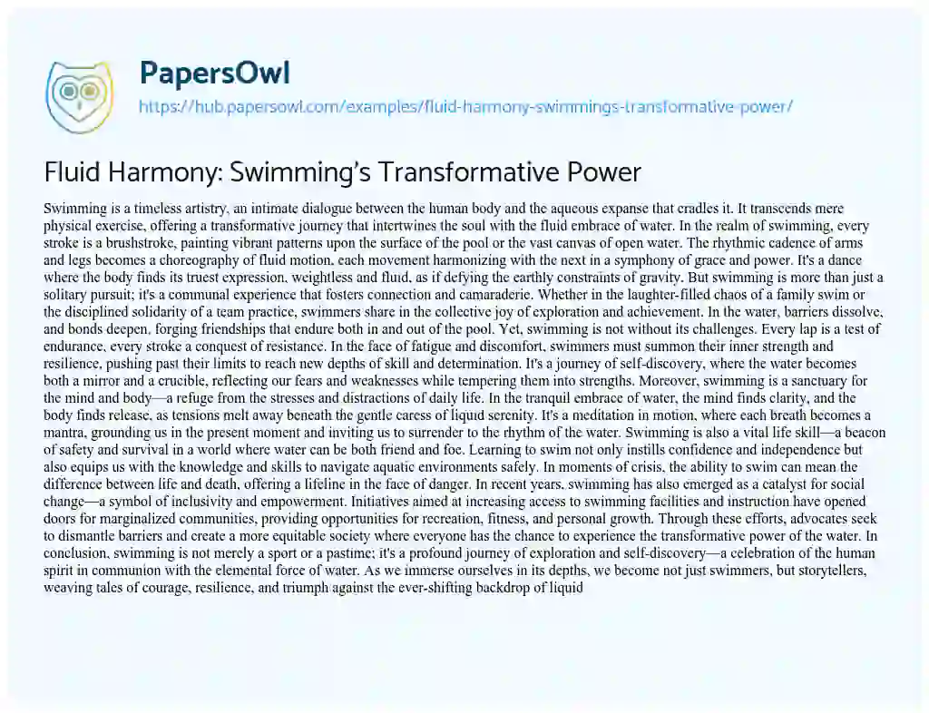 Essay on Fluid Harmony: Swimming’s Transformative Power