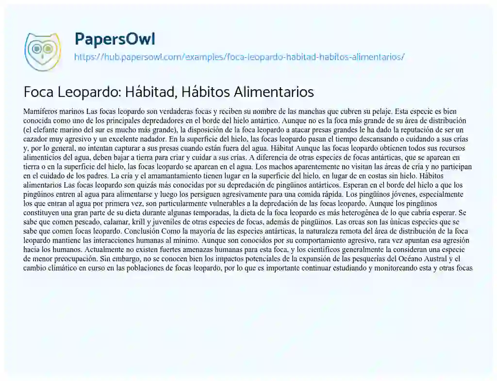 Essay on Foca Leopardo: Hábitad, Hábitos Alimentarios
