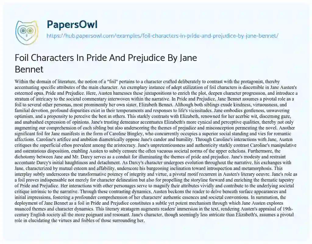 Essay on Foil Characters In Pride And Prejudice By Jane Bennet
