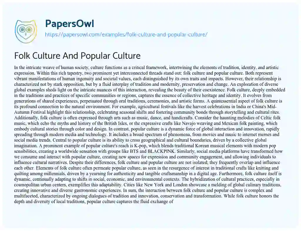 Essay on Folk Culture And Popular Culture