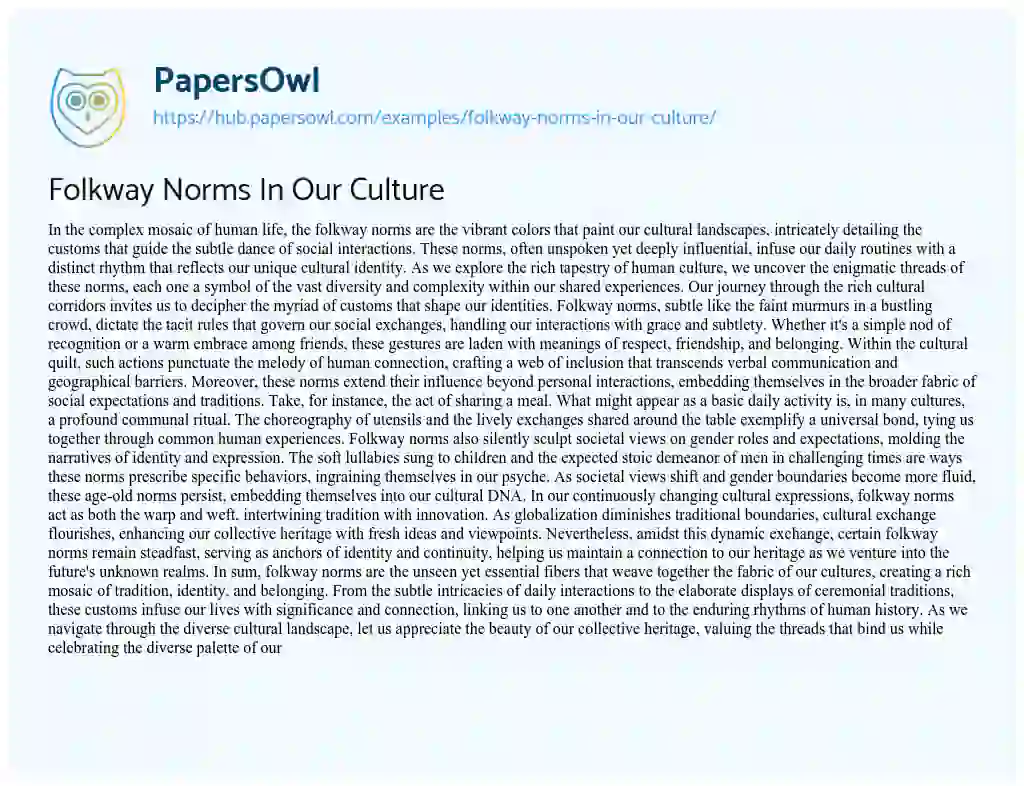 Essay on Folkway Norms In Our Culture