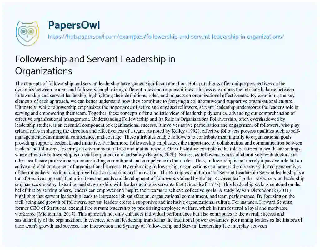 Essay on Followership and Servant Leadership in Organizations