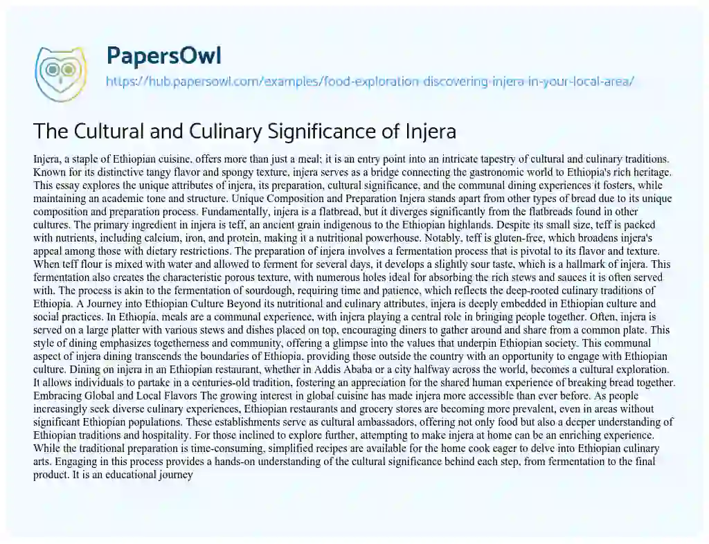 Essay on The Cultural and Culinary Significance of Injera
