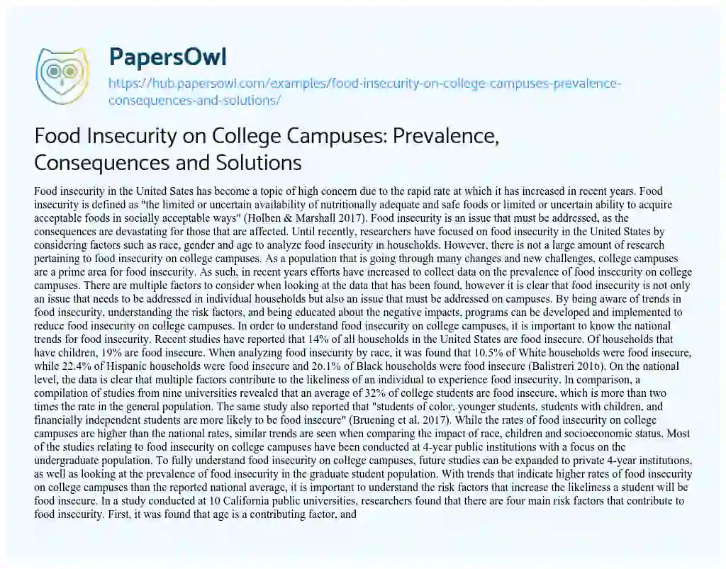 Essay on Food Insecurity on College Campuses: Prevalence, Consequences and Solutions