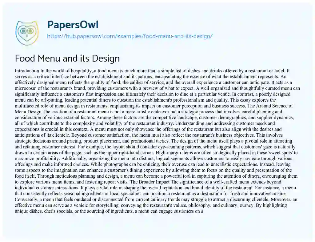 Essay on Food Menu and its Design