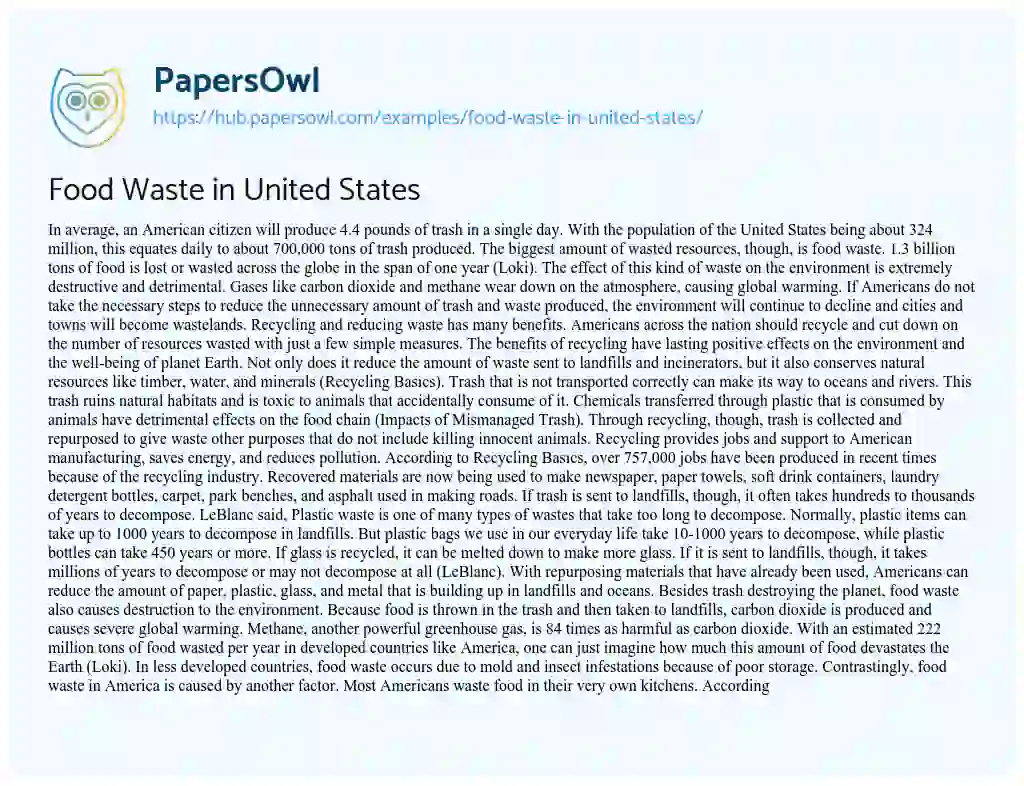 Essay on Food Waste in United States