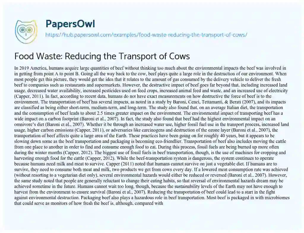 Essay on Food Waste: Reducing the Transport of Cows