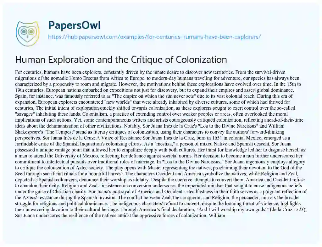 Essay on Human Exploration and the Critique of Colonization