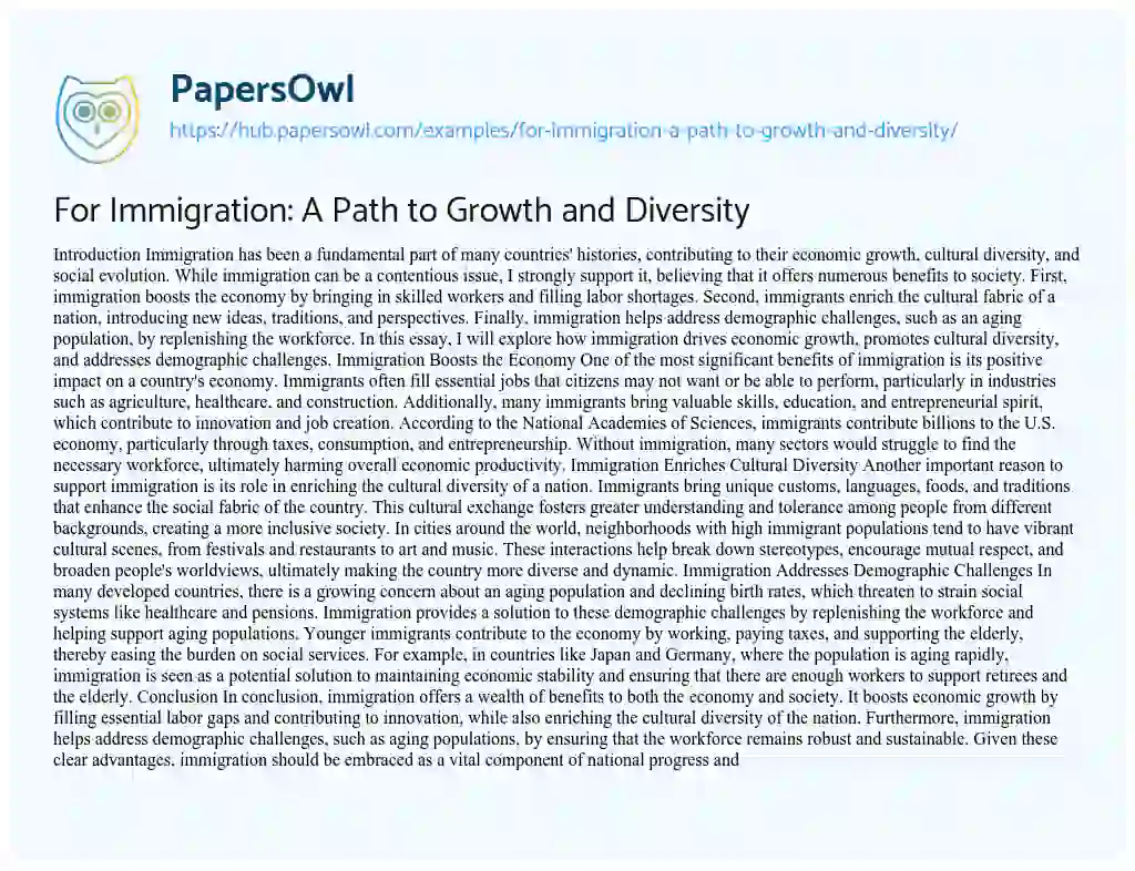 Essay on For Immigration: A Path to Growth and Diversity
