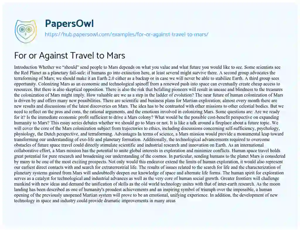 Essay on For or Against Travel to Mars