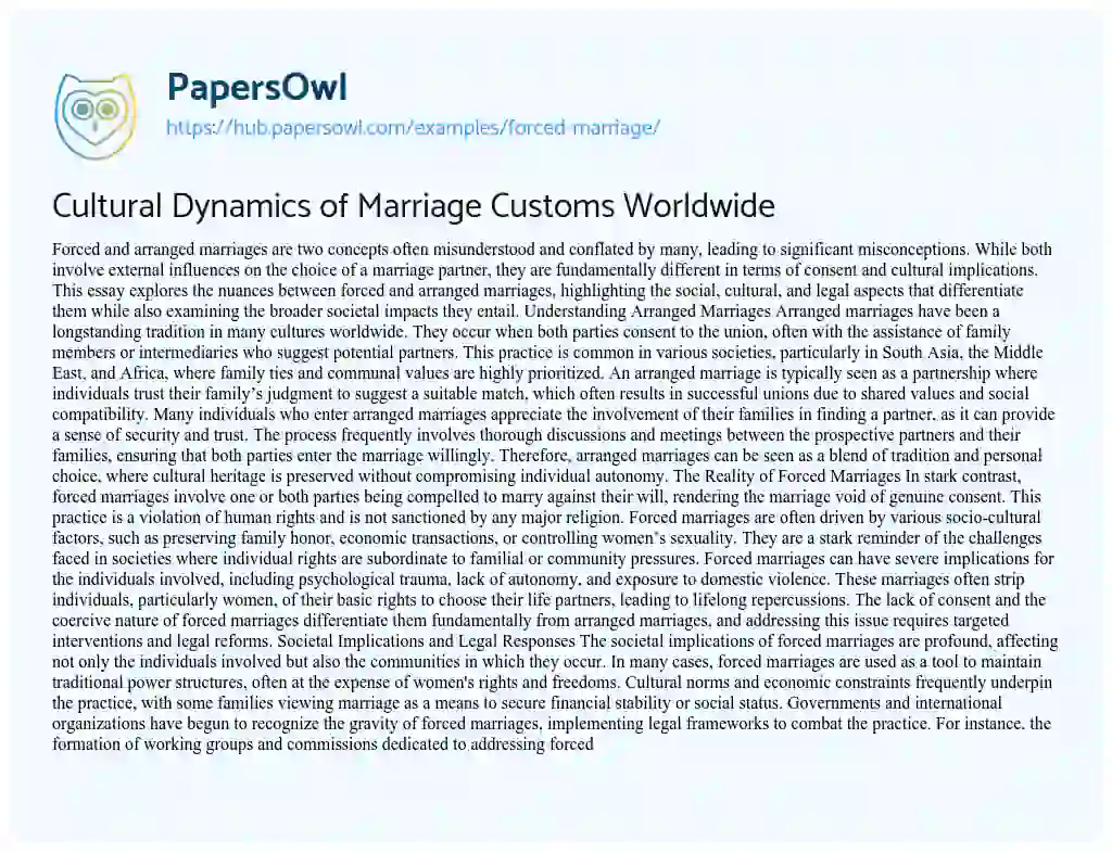 Essay on Cultural Dynamics of Marriage Customs Worldwide