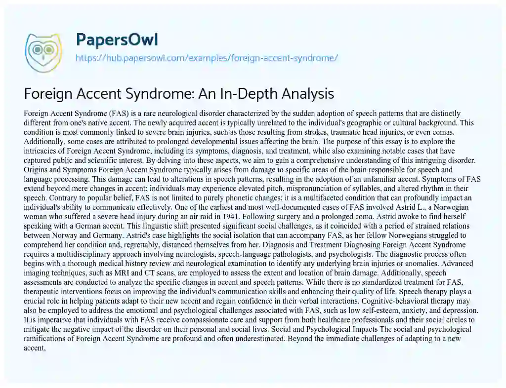 Essay on Foreign Accent Syndrome: An In-Depth Analysis