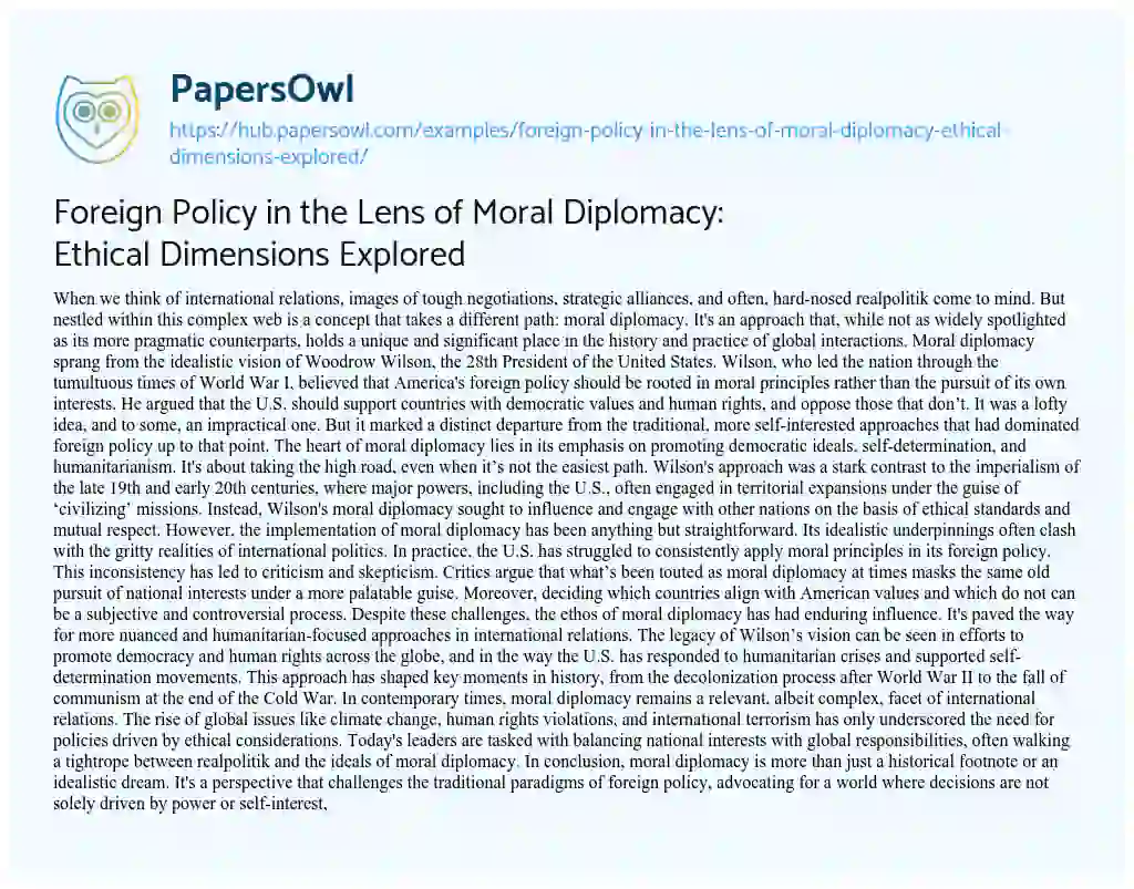 Essay on Foreign Policy in the Lens of Moral Diplomacy: Ethical Dimensions Explored