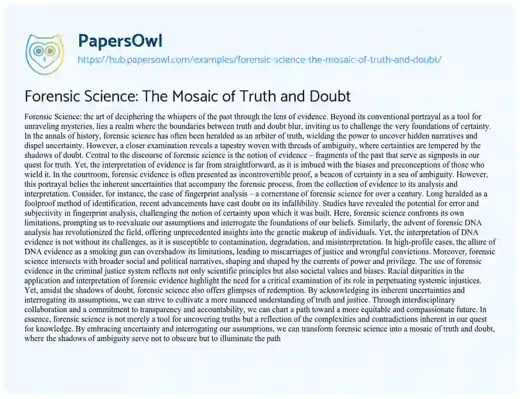 Essay on Forensic Science: The Mosaic of Truth and Doubt