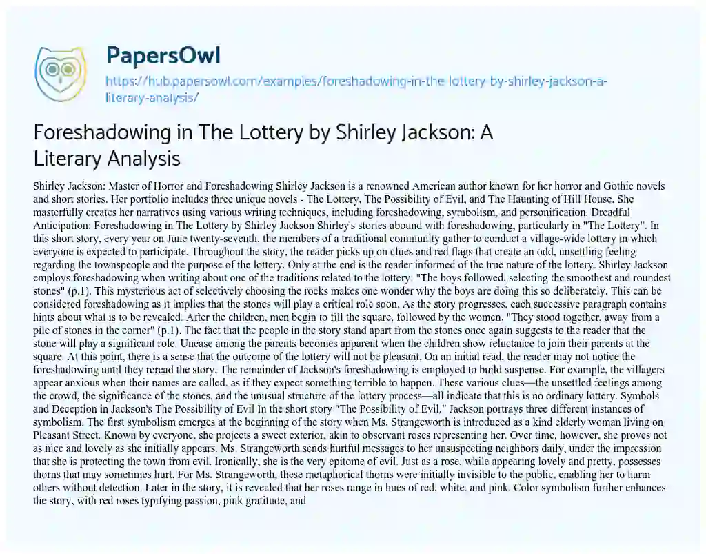 Essay on Foreshadowing in The Lottery by Shirley Jackson: A Literary Analysis