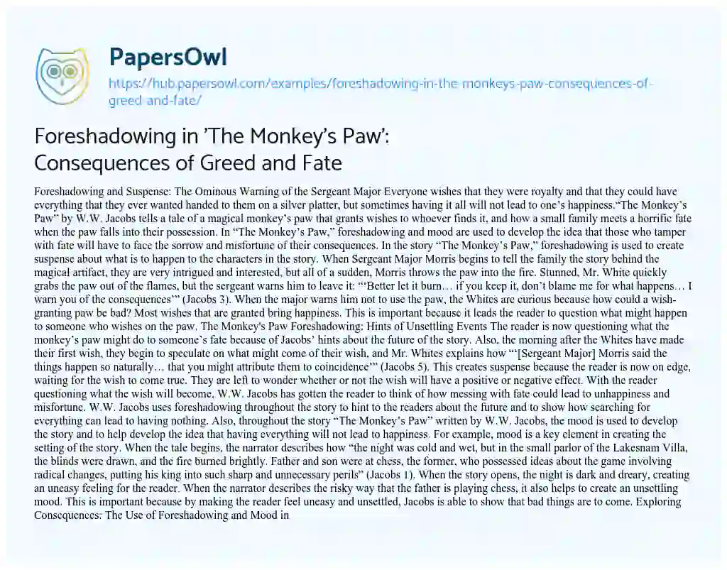 Essay on Foreshadowing in ‘The Monkey’s Paw’: Consequences of Greed and Fate
