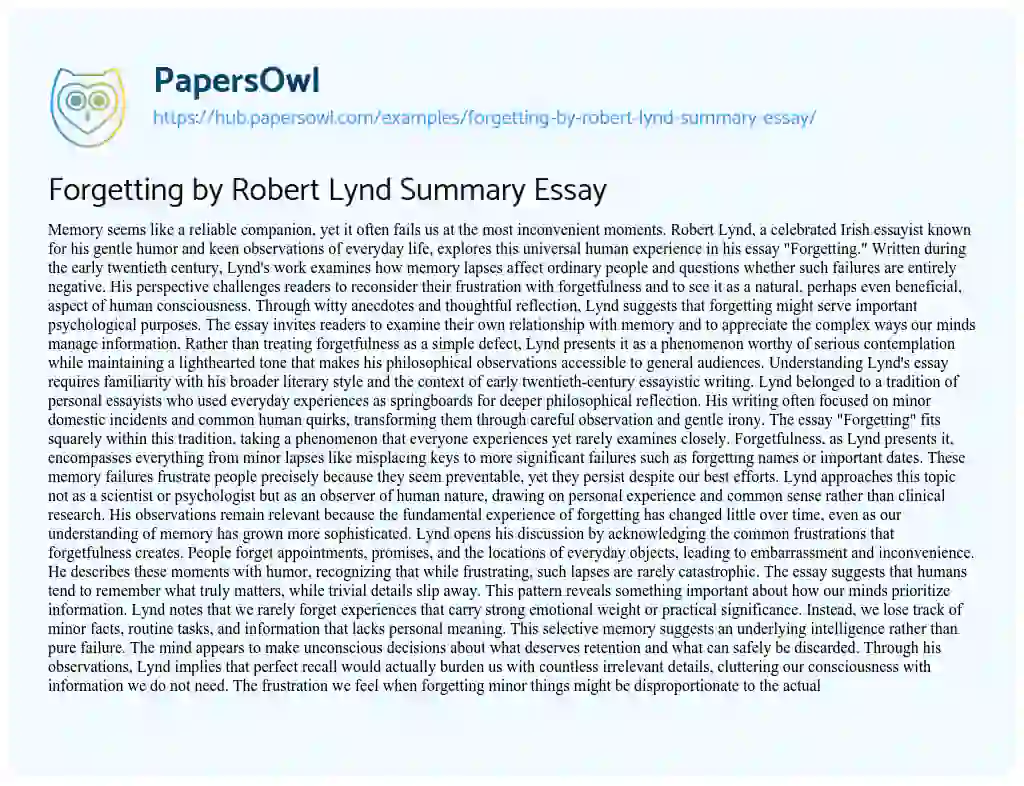 Essay on Forgetting by Robert Lynd Summary Essay