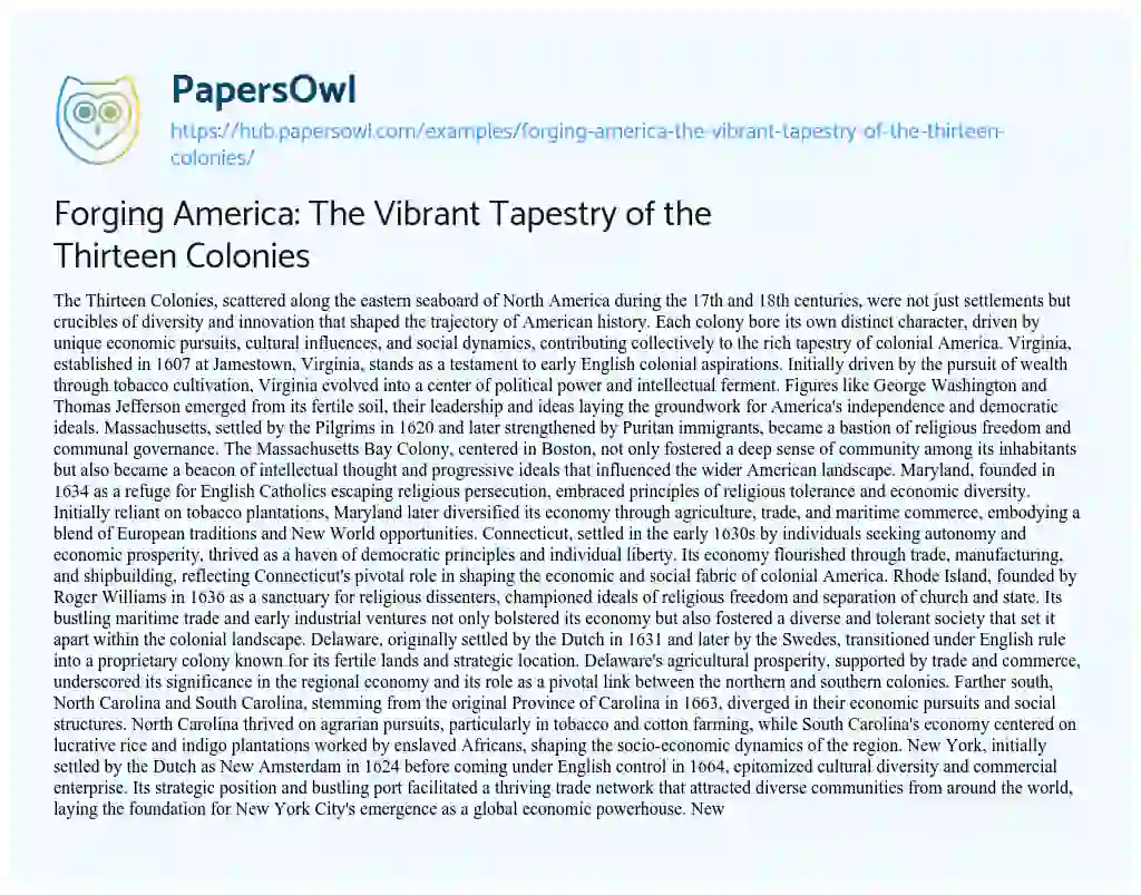 Essay on Forging America: The Vibrant Tapestry of the Thirteen Colonies