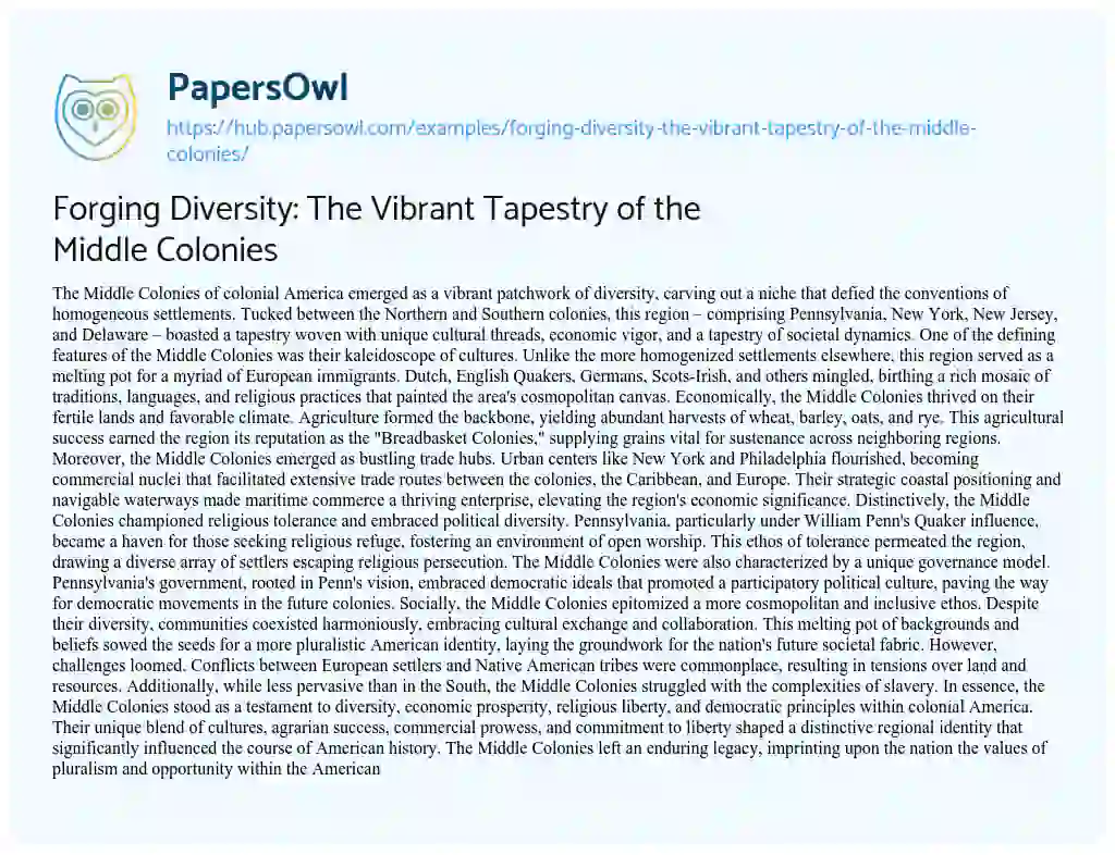 Essay on Forging Diversity: The Vibrant Tapestry of the Middle Colonies