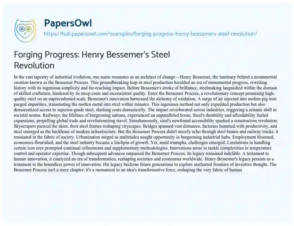 Essay on Forging Progress: Henry Bessemer’s Steel Revolution