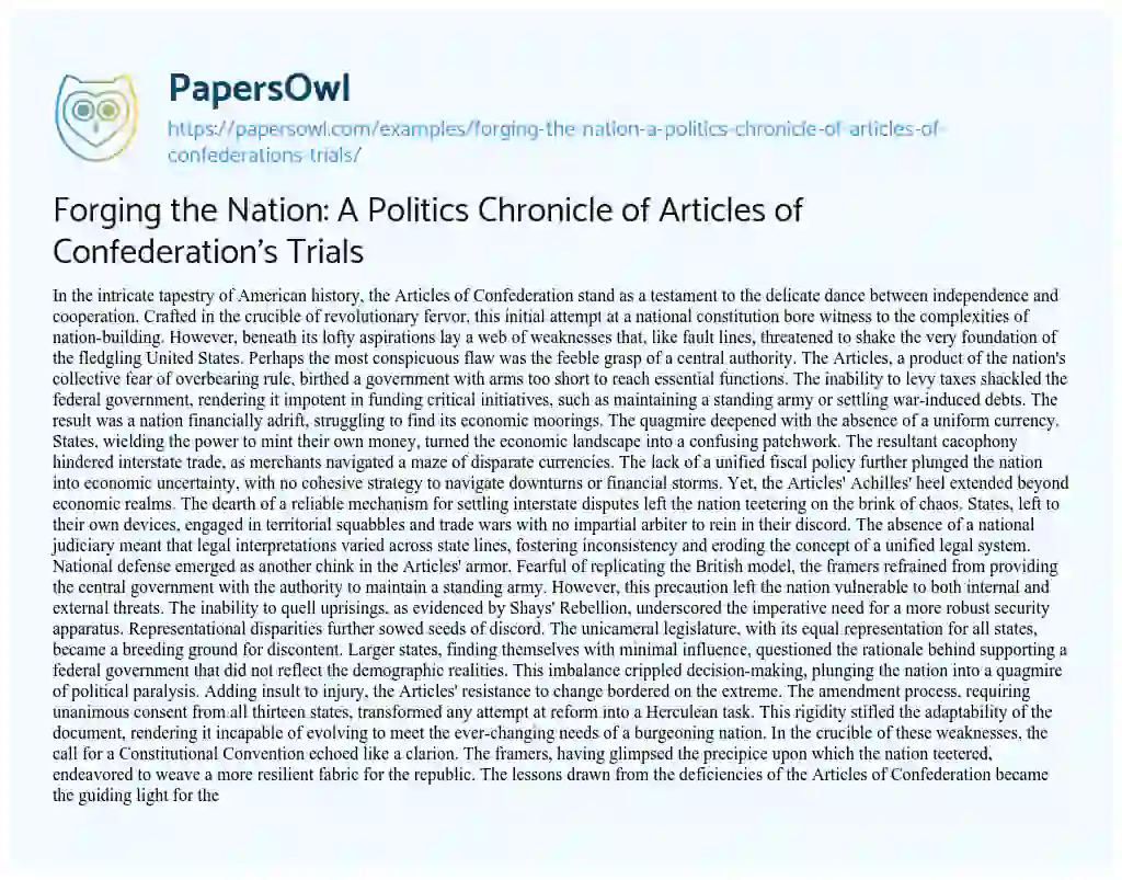 Essay on Forging the Nation: A Politics Chronicle of Articles of Confederation’s Trials