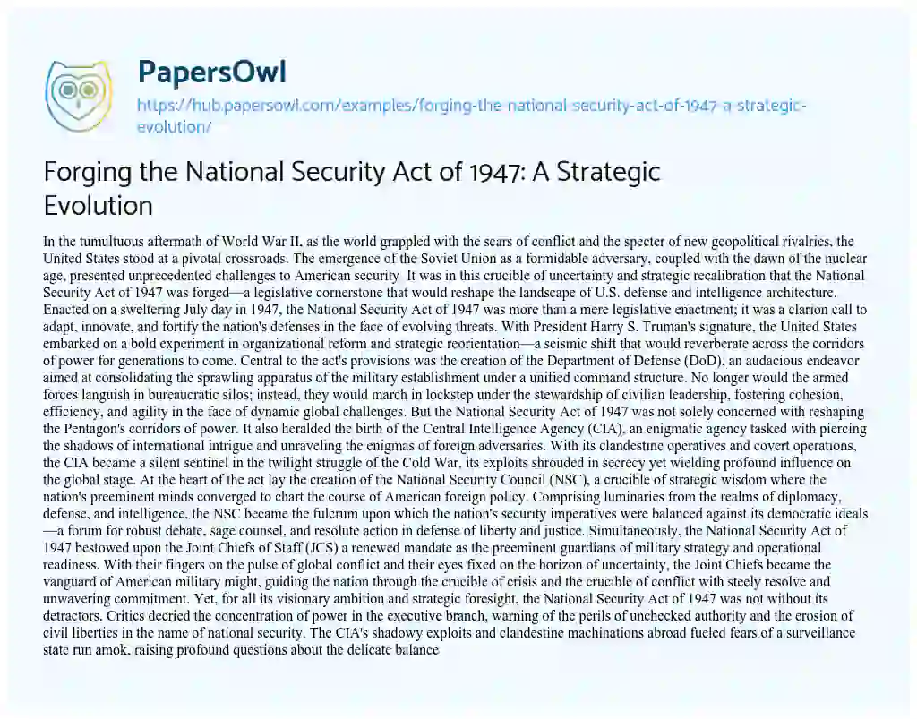 Essay on Forging the National Security Act of 1947: A Strategic Evolution