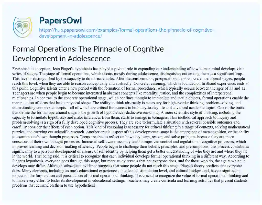 Essay on Formal Operations: The Pinnacle of Cognitive Development in Adolescence