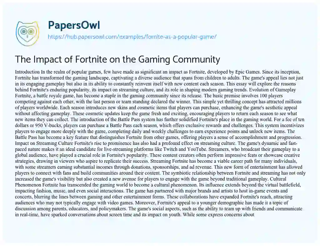 Essay on The Impact of Fortnite on the Gaming Community