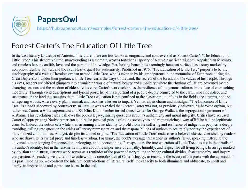 Essay on Forrest Carter’s The Education Of Little Tree