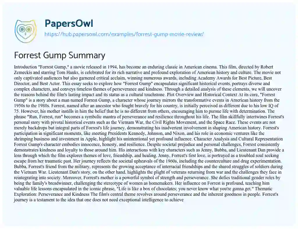 Essay on Forrest Gump Summary