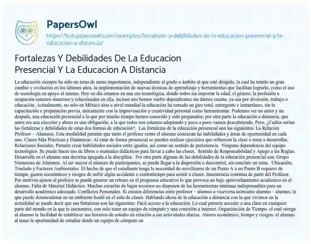 Essay on Fortalezas Y Debilidades De La Educacion Presencial Y La Educacion A Distancia