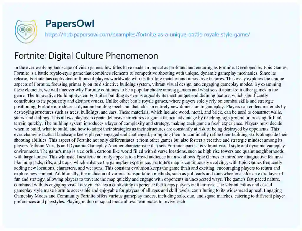 Essay on Fortnite: Digital Culture Phenomenon
