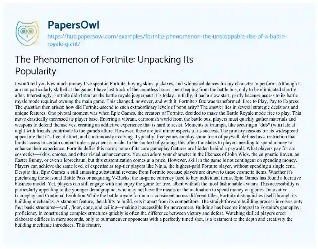Essay on The Phenomenon of Fortnite: Unpacking Its Popularity