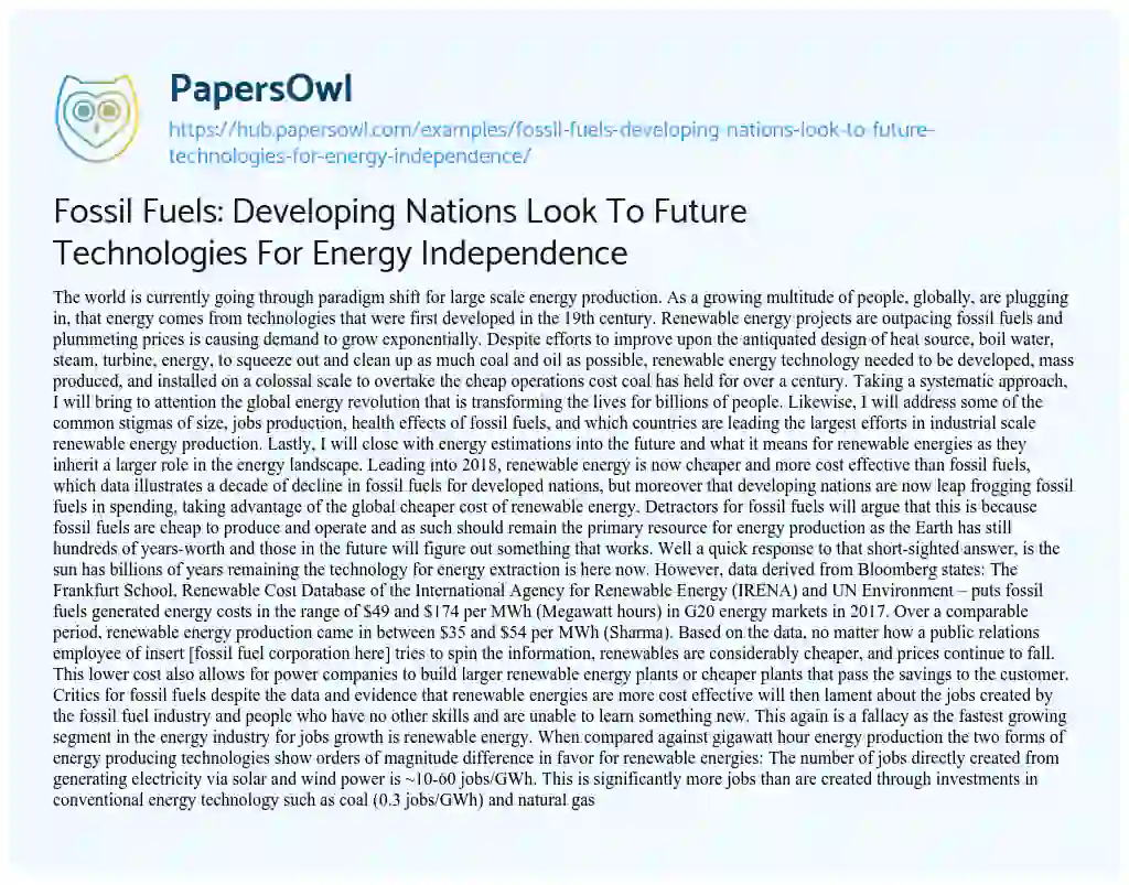 Essay on Fossil Fuels: Developing Nations Look To Future Technologies For Energy Independence