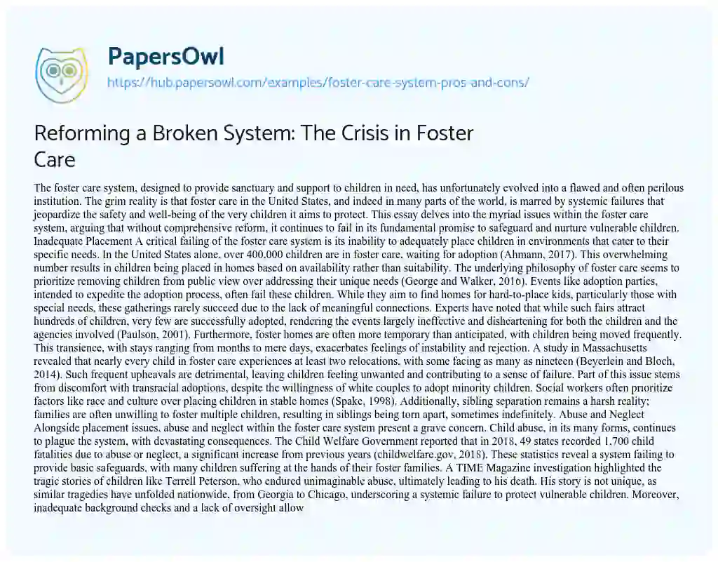 Essay on Reforming a Broken System: The Crisis in Foster Care