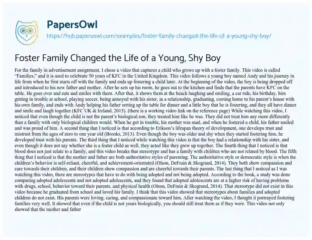 Essay on Foster Family Changed the Life of a Young, Shy Boy