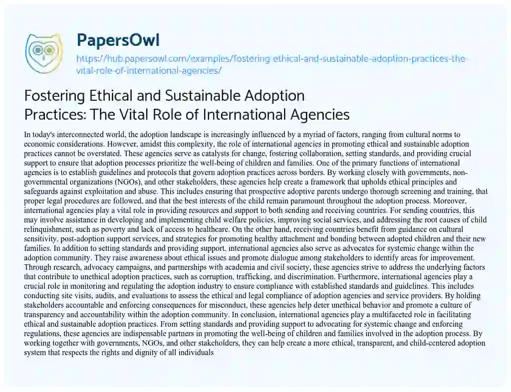 Essay on Fostering Ethical and Sustainable Adoption Practices: The Vital Role of International Agencies