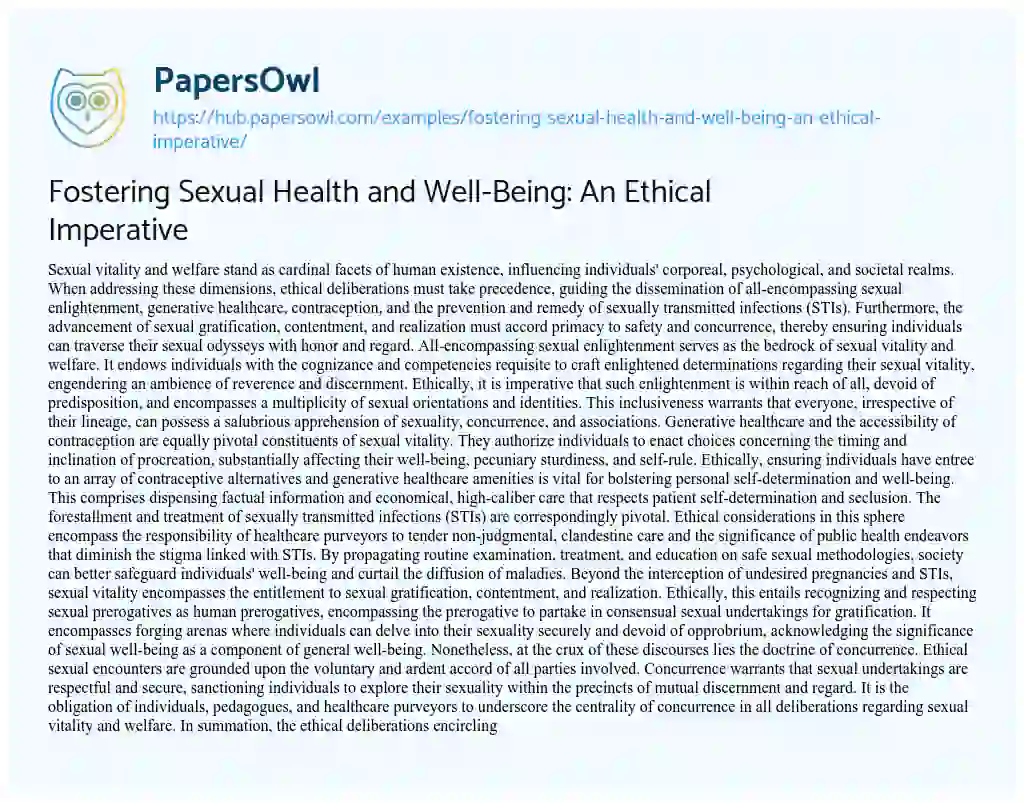 Essay on Fostering Sexual Health and Well-Being: An Ethical Imperative