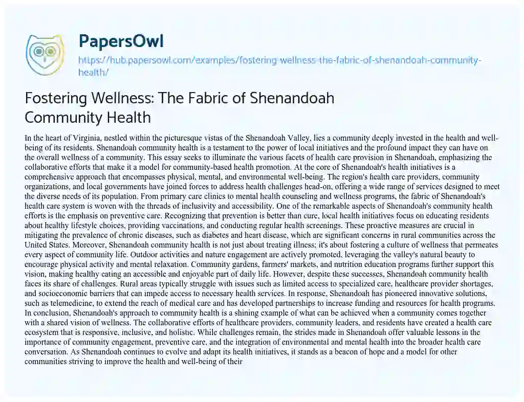 Essay on Fostering Wellness: The Fabric of Shenandoah Community Health
