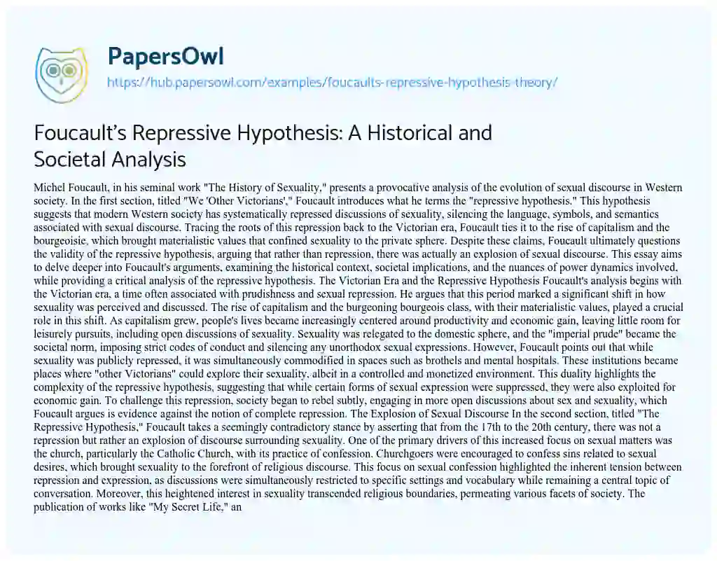 Essay on Foucault’s Repressive Hypothesis: A Historical and Societal Analysis