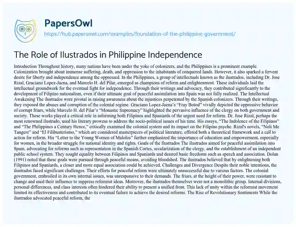Essay on The Role of Ilustrados in Philippine Independence