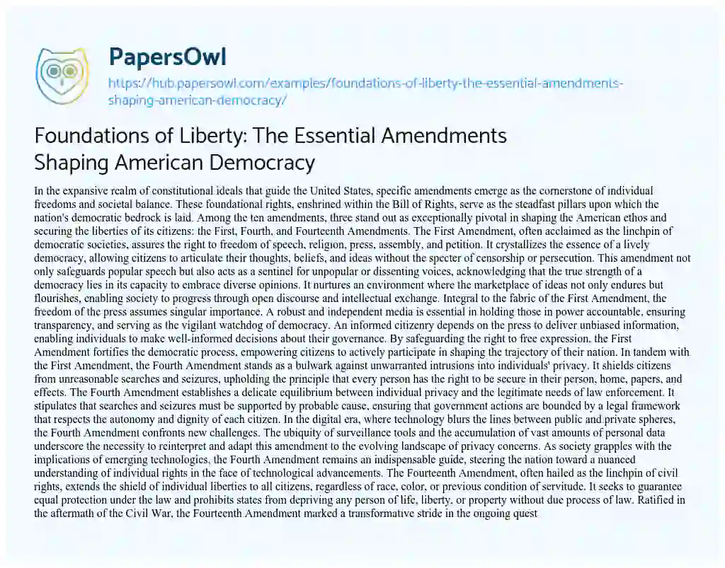 Essay on Foundations of Liberty: The Essential Amendments Shaping American Democracy