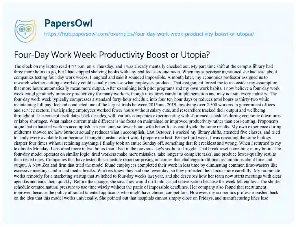 Essay on Four-Day Work Week: Productivity Boost or Utopia?