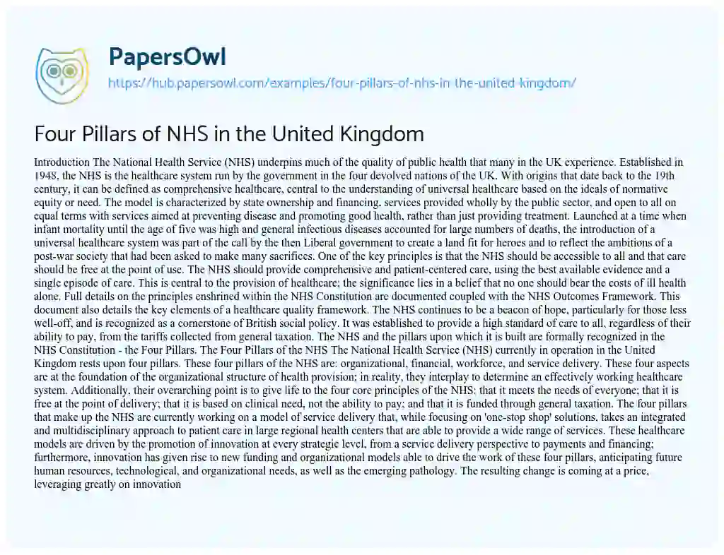 Essay on Four Pillars of NHS in the United Kingdom