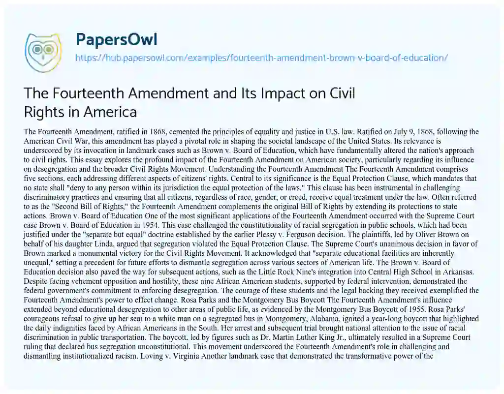 Essay on The Fourteenth Amendment and Its Impact on Civil Rights in America