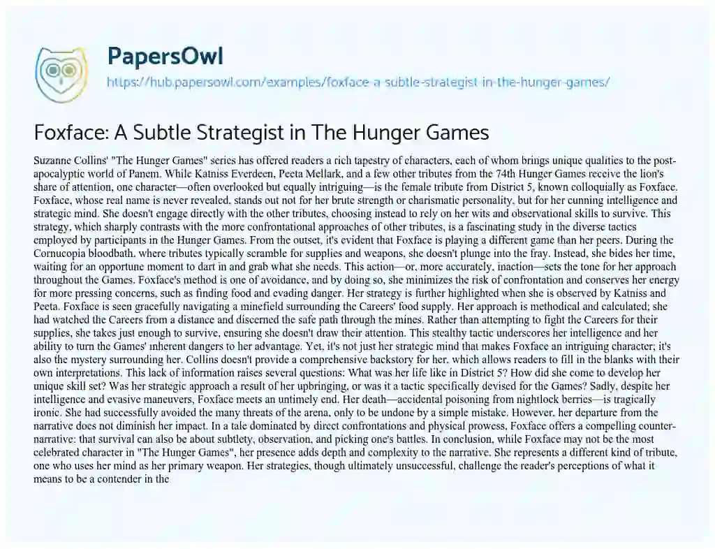 Essay on Foxface: A Subtle Strategist in The Hunger Games
