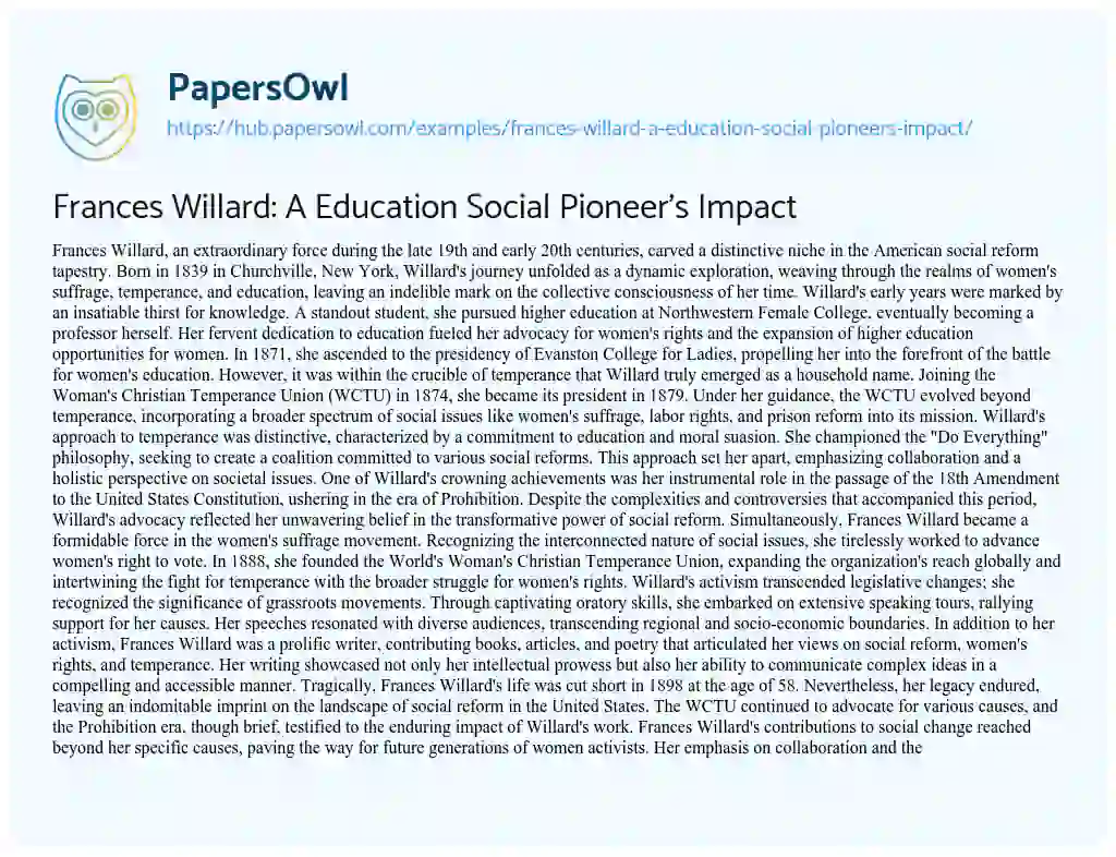 Essay on Frances Willard: A Education Social Pioneer’s Impact