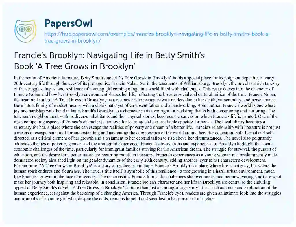 Essay on Francie’s Brooklyn: Navigating Life in Betty Smith’s Book ‘A Tree Grows in Brooklyn’