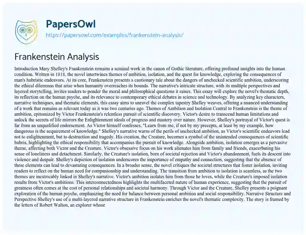 Essay on Frankenstein Analysis