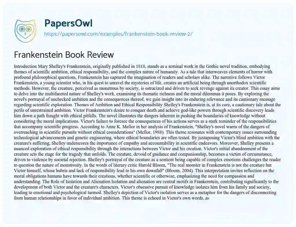 Essay on Frankenstein Book Review